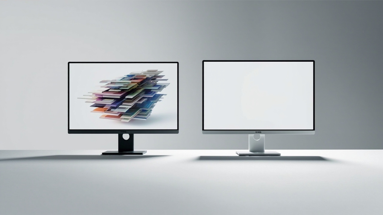 Side-by-side view of a glasses-free 3D spatial monitor and a conventional flat 2D monitor on a desk, illustrating the depth comparison.
