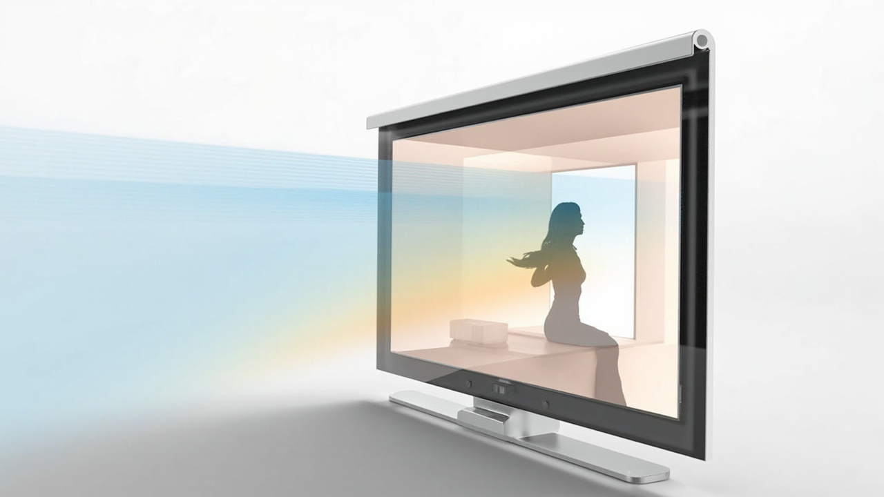Cross-section diagram showing eye tracking and a lenticular optical layer on a 32-inch 3D monitor