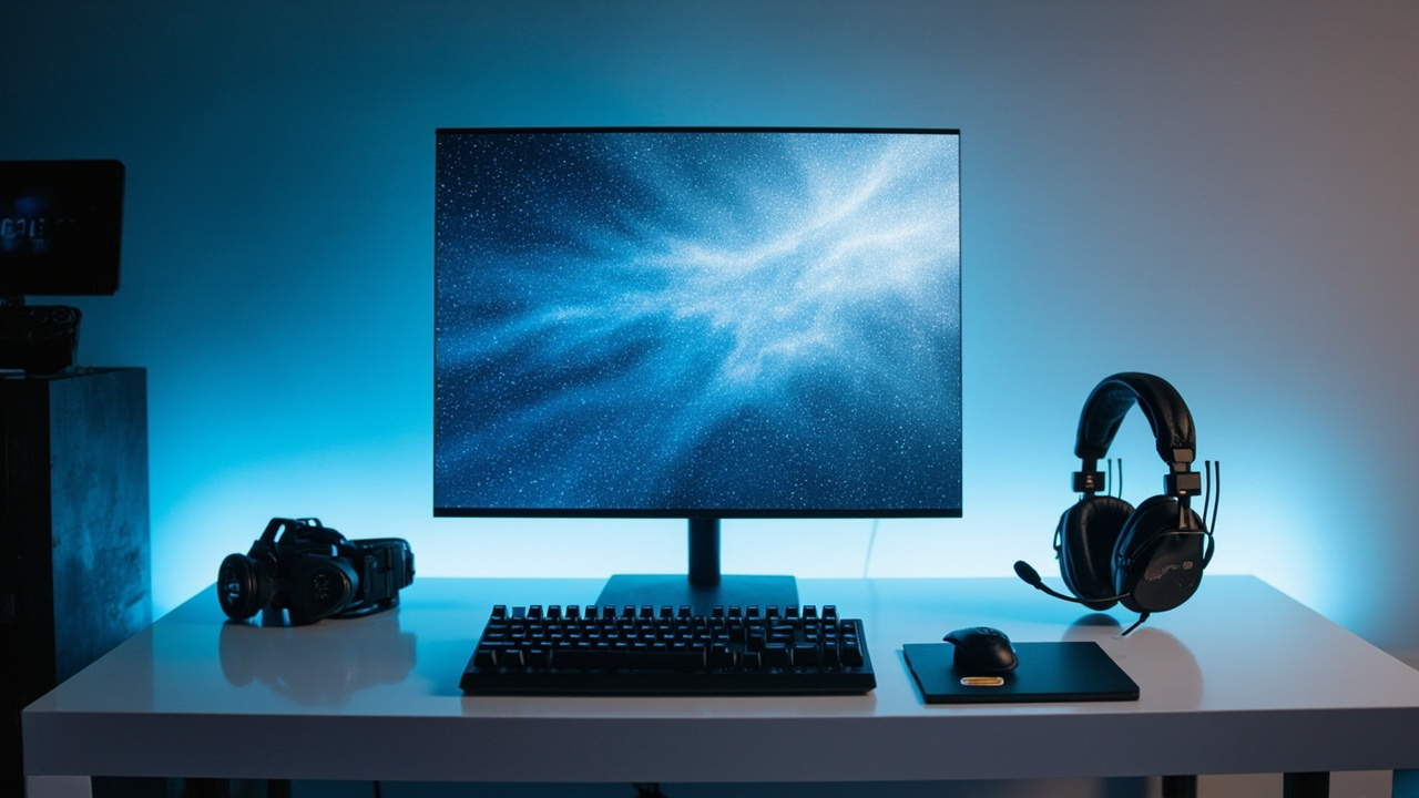 A 32-inch glasses-free 3D monitor on a gaming desk with a headset and keyboard