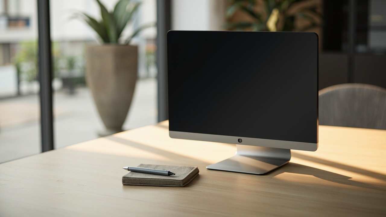 Glasses-free 3D monitor on a desk with a buyer reviewing spec sheets