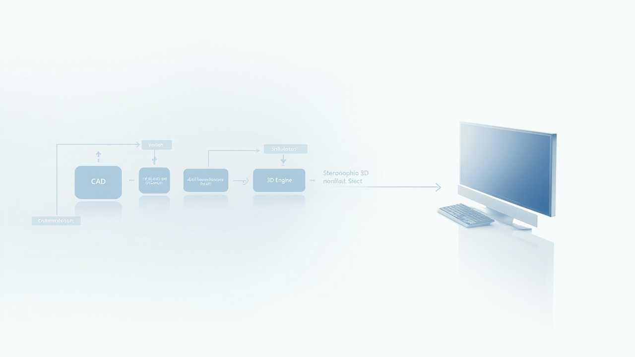 Workflow diagram showing content sources feeding a stereoscopic display 3D monitor through compatibility checks.