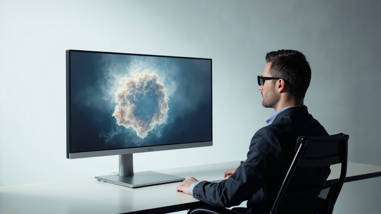 A glasses-free 3D monitor on a desk with a single viewer at the sweet spot, illustrating the Leia 3D monitor concept.