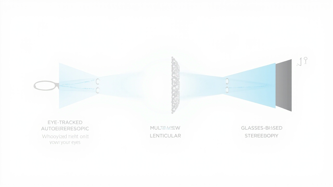 Diagram showing the difference between eye-tracked autostereoscopic, multi-view lenticular, and glasses-based stereoscopic display approaches.