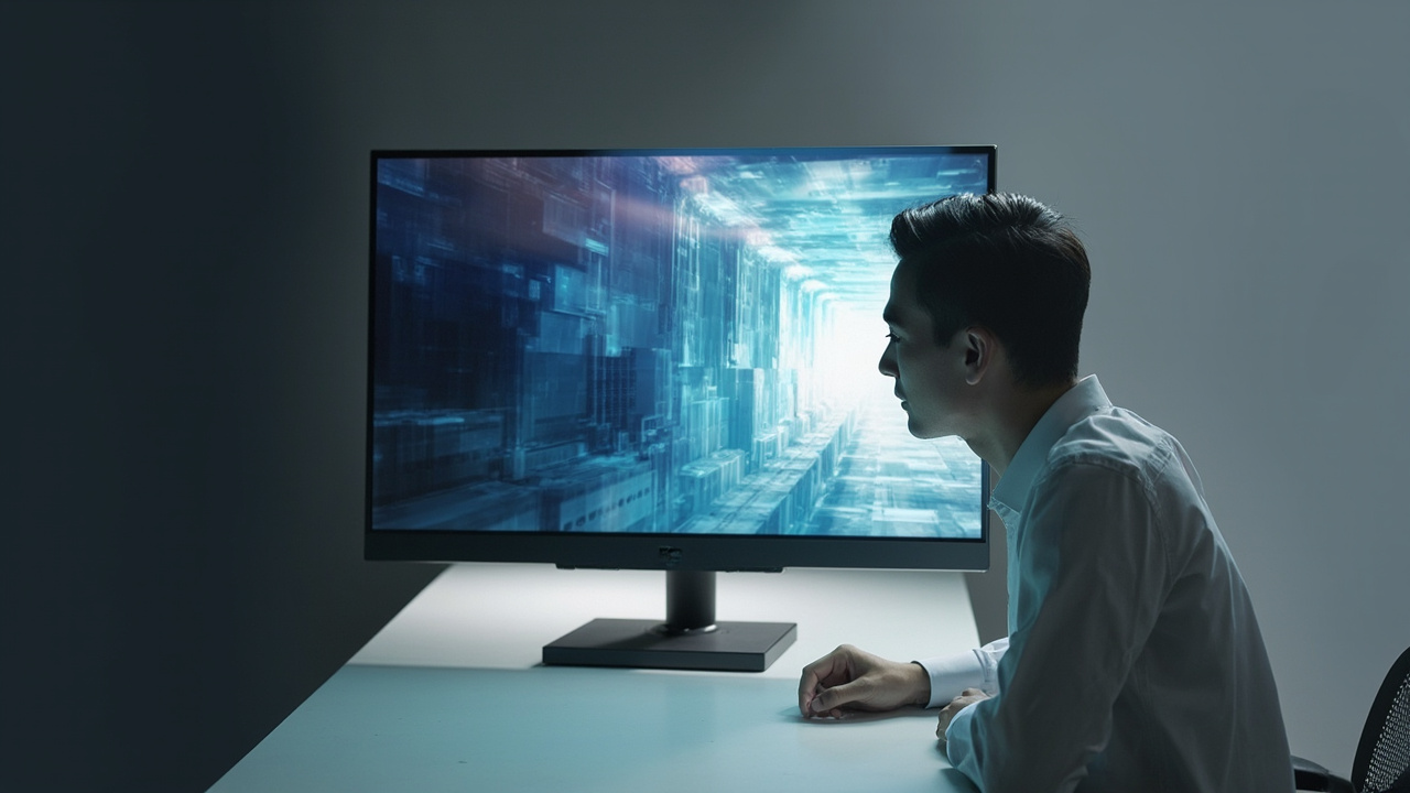 Conceptual illustration of a glasses-free 3D monitor on a desk with a single primary viewer, representing the Lenovo Legion 3D display category.