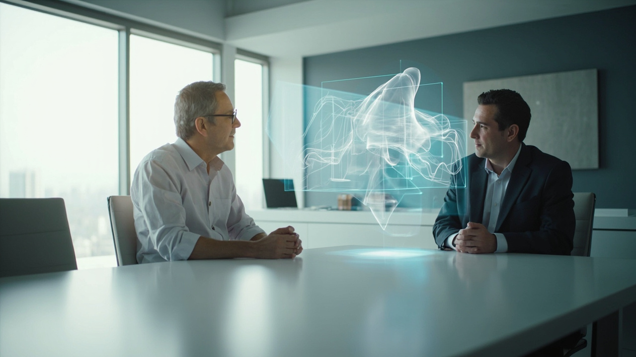 Workflow scene showing a team reviewing a 3D model on a glasses-free 3D display