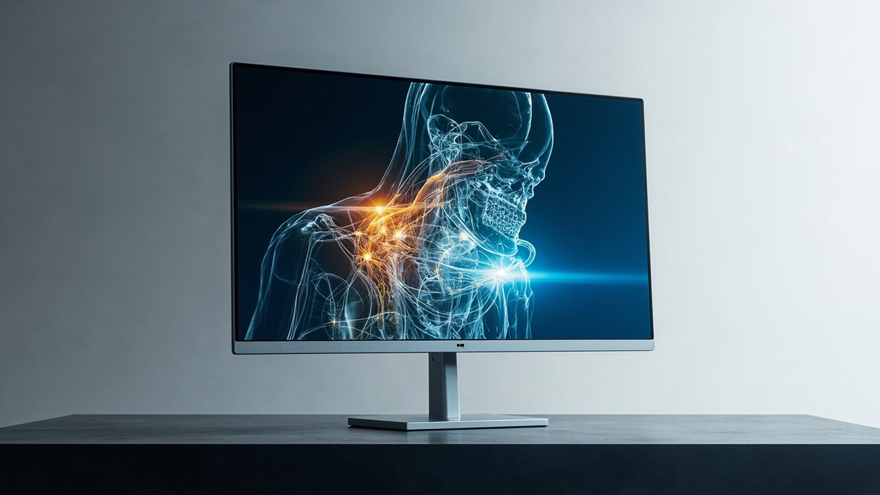 A stereoscopic 3D display monitor showing a layered depth scene with two slightly offset views per eye
