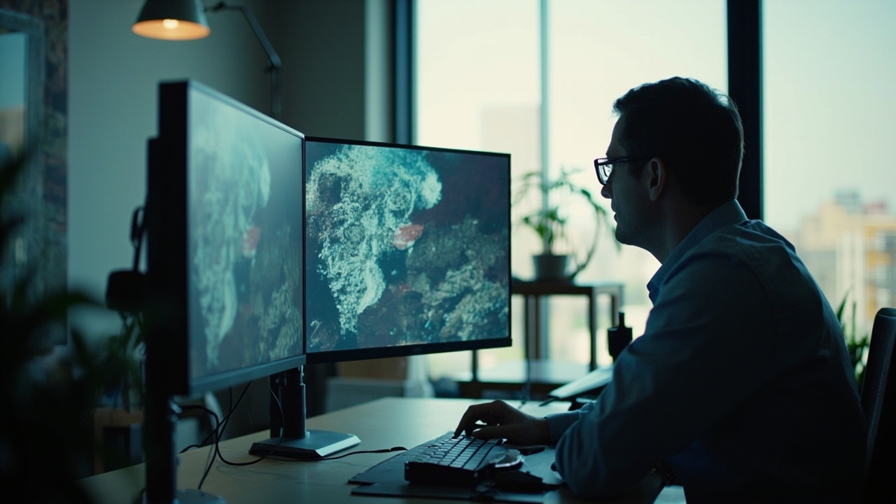Workspace setup with a stereoscopic 3D display used for professional review of layered 3D content