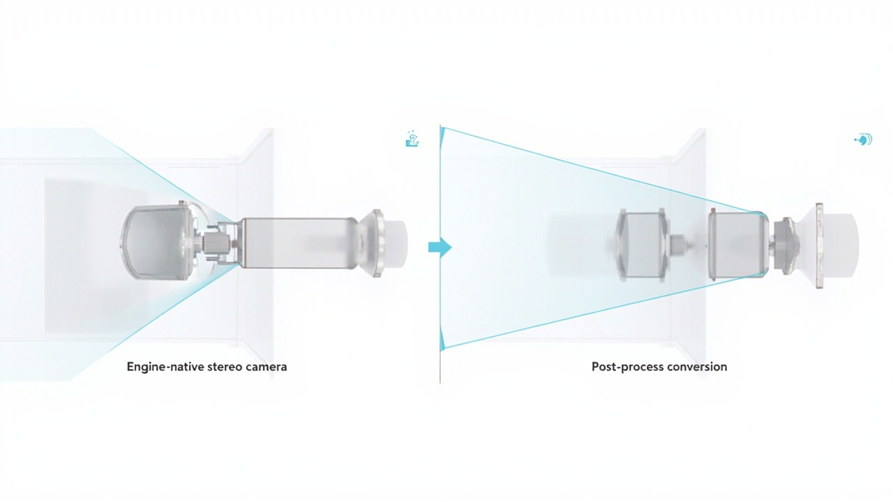 Comparison of engine-native stereo camera output versus post-process stereo conversion for animation.