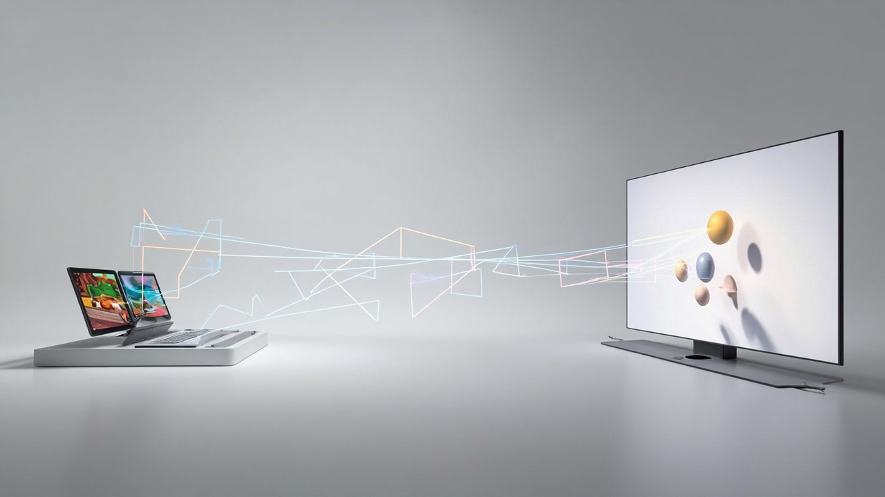 Diagram showing a 3D scene rendered as two slightly offset views feeding into a glasses-free 3D display.