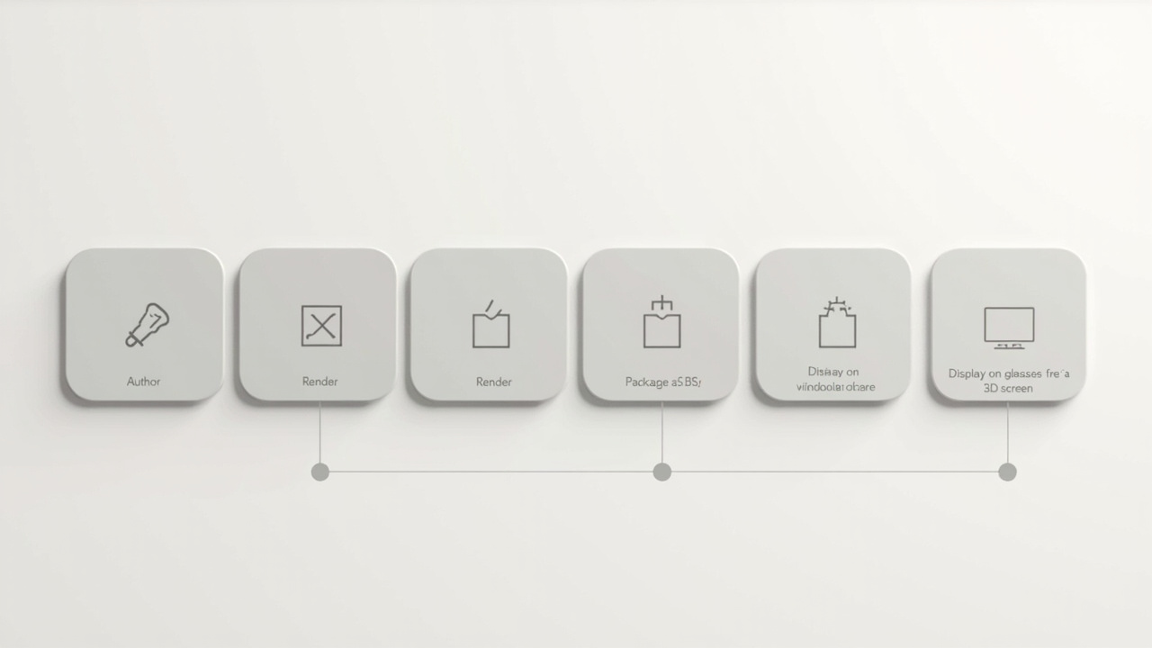 Workflow diagram showing stereo animation steps from authoring through SBS delivery to a glasses-free 3D display.