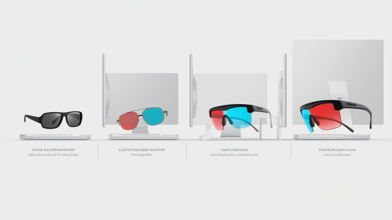Comparison illustration of active shutter, passive polarized, and anaglyph stereoscopic delivery methods