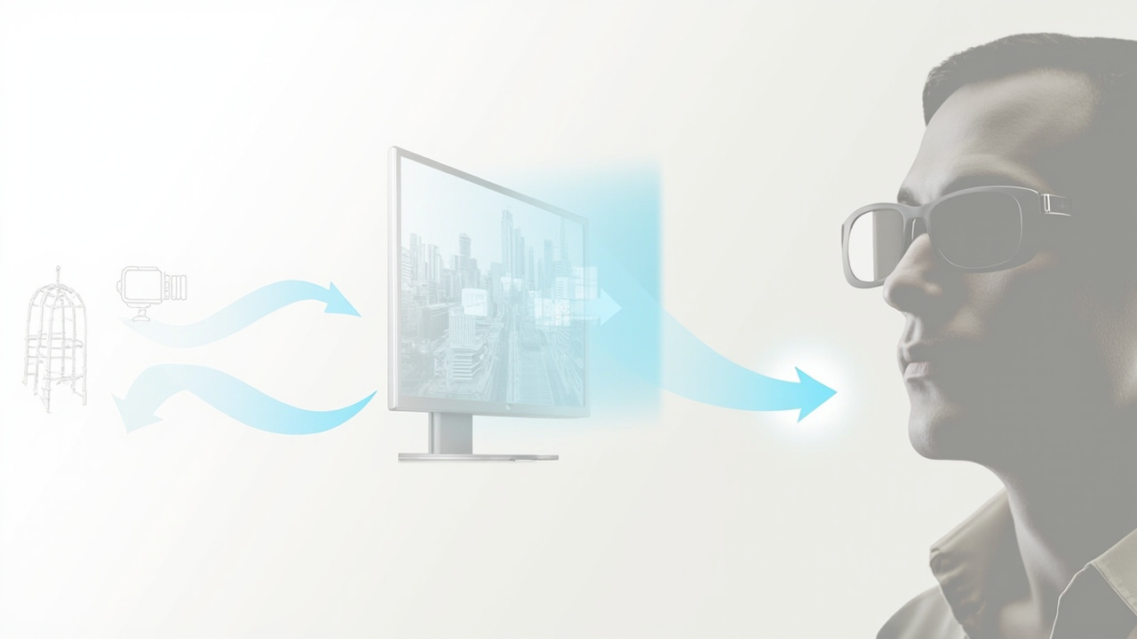Workflow diagram showing how stereo content is produced, delivered to a stereoscopic display, and viewed with glasses