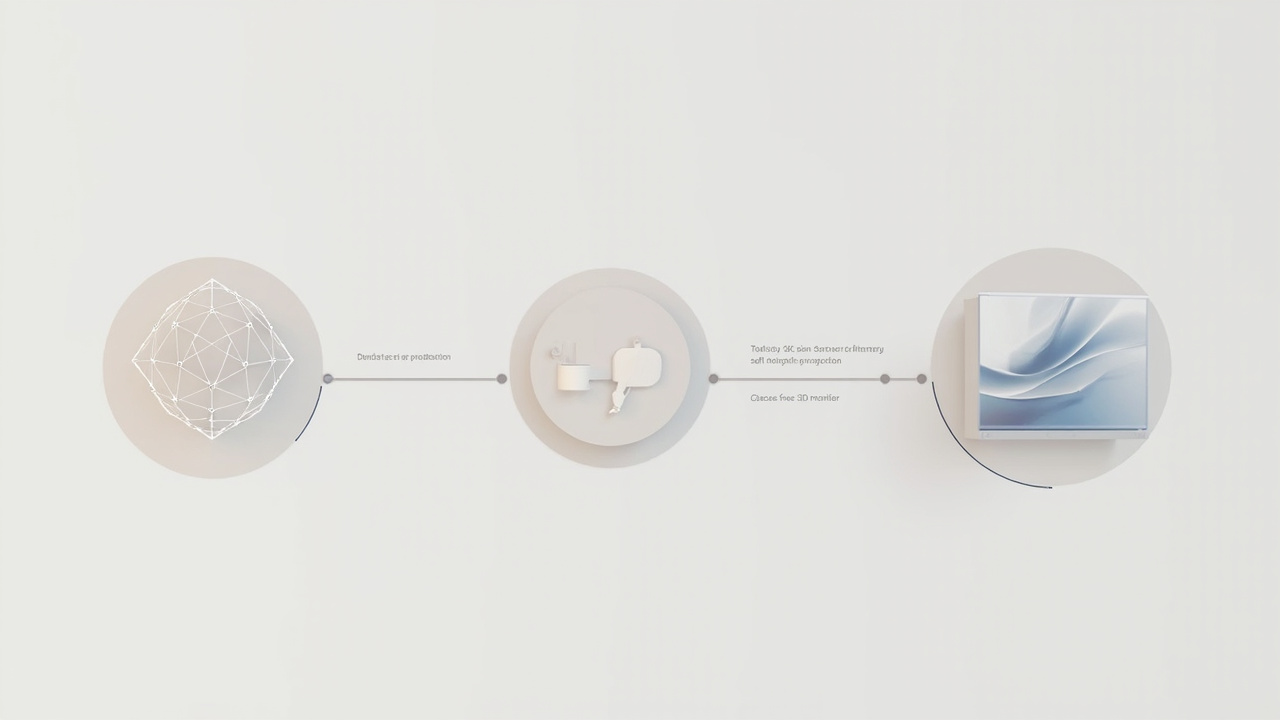 Workflow diagram showing source content moving through preparation into either a volumetric display or a glasses-free monitor.